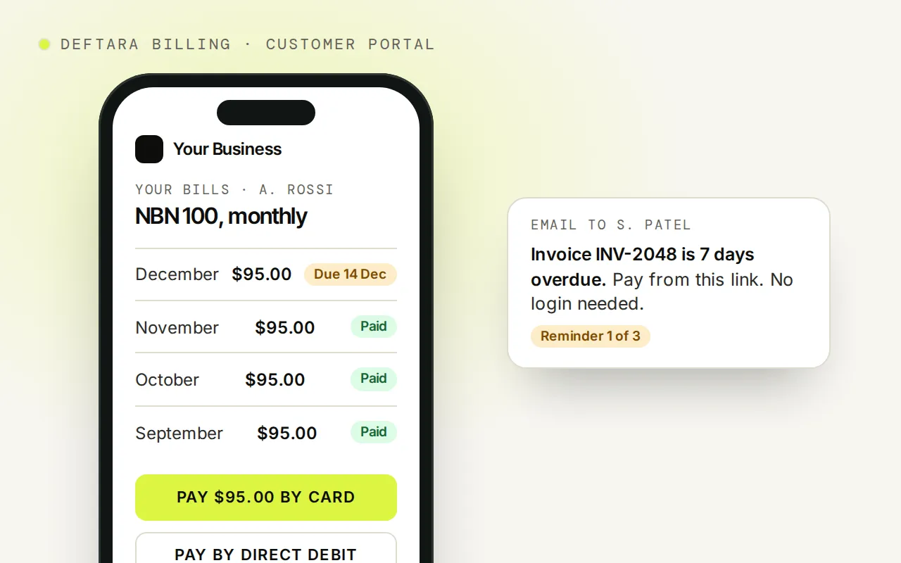Example: a customer&rsquo;s bills in the Billing portal, with paid and due months and buttons to pay by card or direct debit, beside an overdue reminder