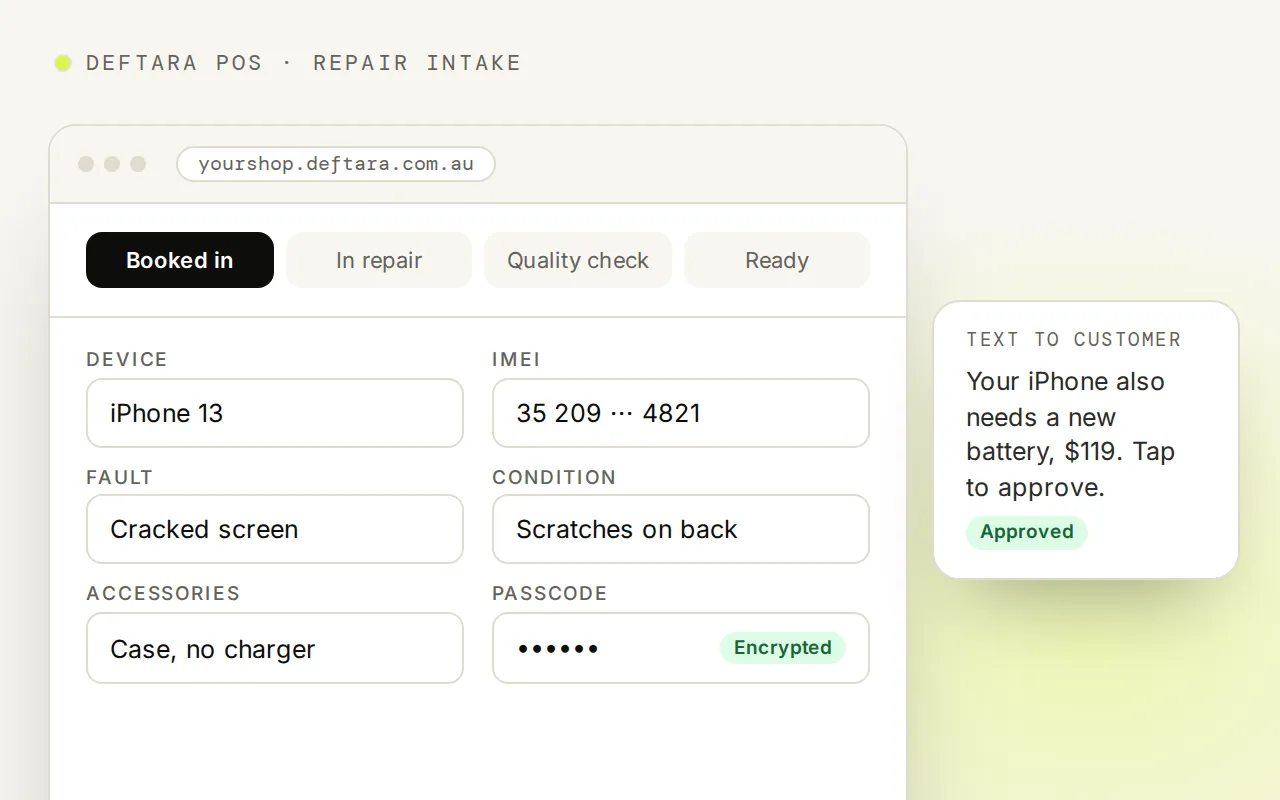 Example: booking a phone repair in at the counter, with device, IMEI, fault, condition and an encrypted passcode, beside a text asking the customer to approve extra work